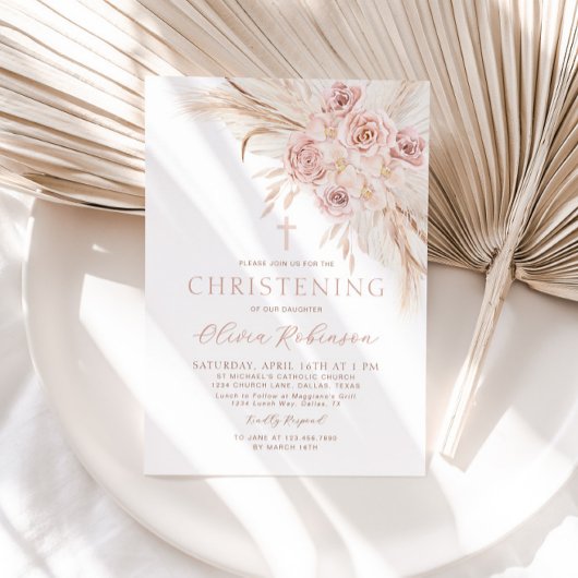 Boho Pink Floral Christening Taufe Einladung
