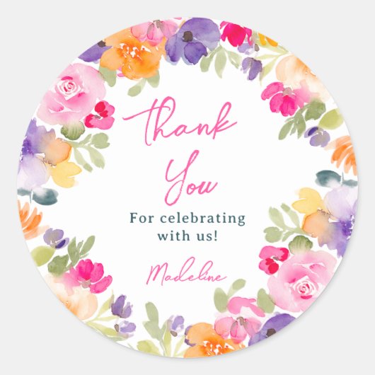 Boho pink floral danke Brautparty Runder Aufkleber (Vorderseite)