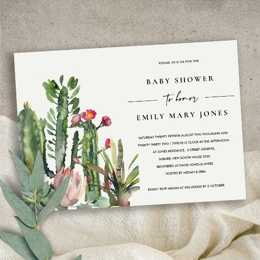 BOHO PINK FLORAL DESERT CACTI FAUNA BABY SHOWER EINLADUNG