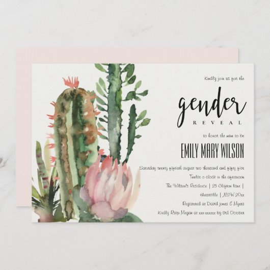 BOHO PINK FLORAL DESERT CACTI FAUNA GENDER REVEAL EINLADUNG (Vorne/Hinten)