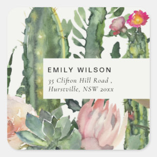BOHO PINK FLORAL DESERT CACTI FOLIAGE ADRESSE QUADRATISCHER AUFKLEBER