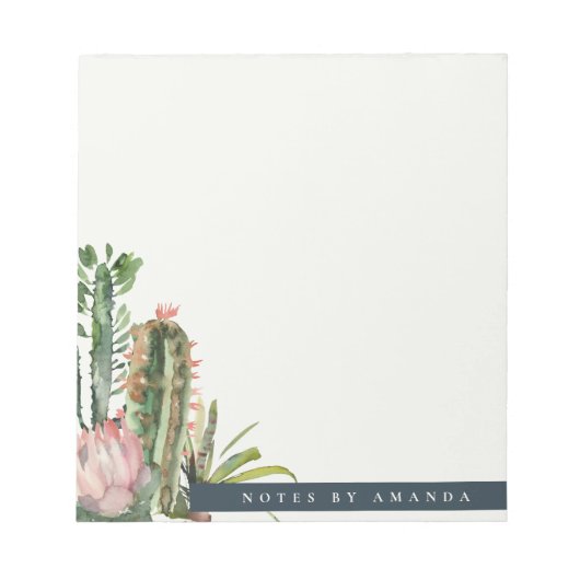 BOHO PINK FLORAL DESERT CACTI FOLIAGE WATERCOLOR NOTIZBLOCK (Vorderseite)