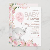 Boho Pink Floral Elephant Balloon Babydusche Einladung (Vorne/Hinten)