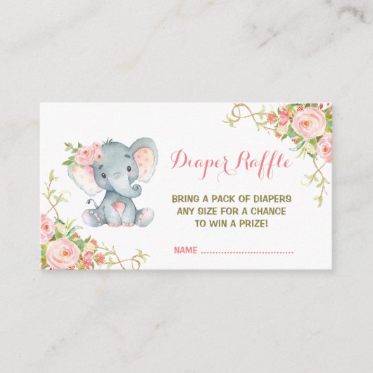Boho Pink Floral Elephant Diaper Raffle Ticket Begleitkarte (Vorderseite)