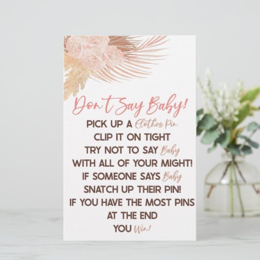 Boho Pink Floral Flower Don't Say Baby Shower Game Briefpapier (Stehend Vorderseite)