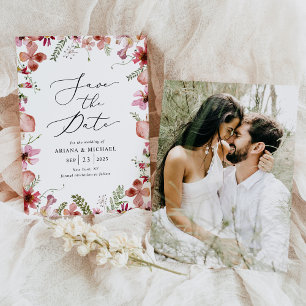 Boho Pink Floral Foto Hochzeit speichern das Datum Einladung