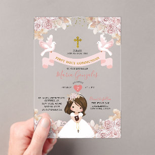 Boho Pink Floral Girl Erste Heilige Kommune Acryleinladungen