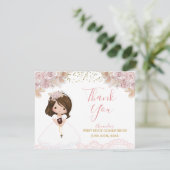 Boho Pink Floral Girl Erste Heilige Kommune Dankeskarte (Stehend Vorderseite)