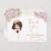 Boho Pink Floral Girl Erste Heilige Kommune Dankeskarte (Vorne/Hinten)