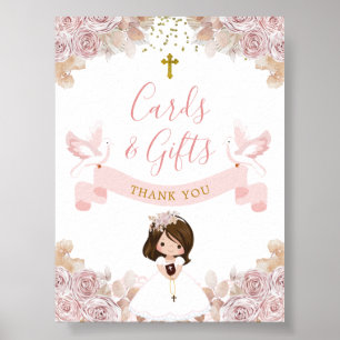 Boho Pink Floral Girl Erste Kommunionskarten & Ges Poster