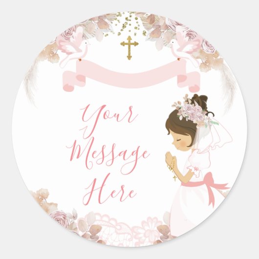 Boho Pink Floral Girl FIRST Heilige Kommune Kreuz Runder Aufkleber (Vorderseite)