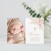 Boho Pink Floral Girls Baptism Christening Dankeskarte (Stehend Vorderseite)