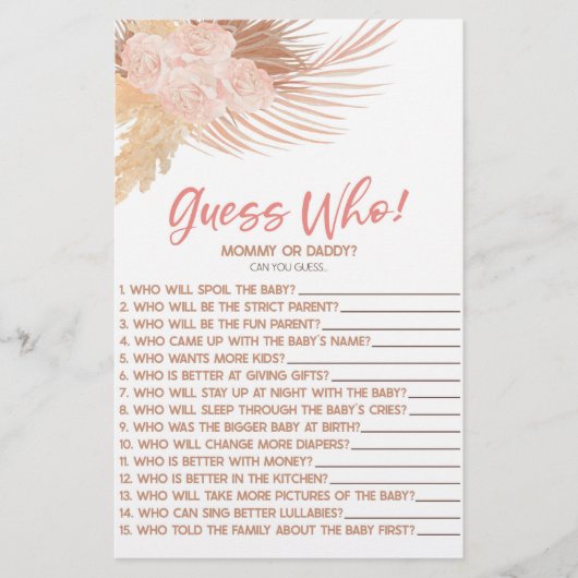 Boho Pink Floral Guess Who! Baby Shower Game Briefpapier (Vorderseite)