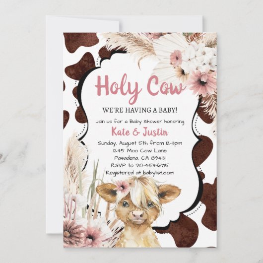 Boho Pink Floral Highland Kuh Baby Dusche Einladung (Vorderseite)