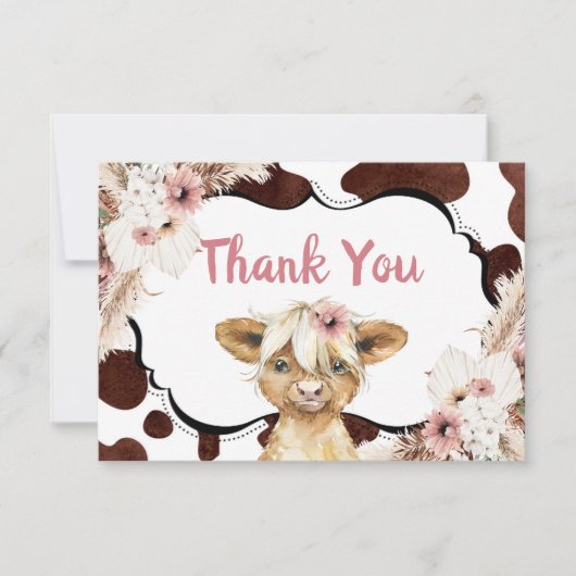 Boho Pink Floral Highland Kuh Danke Karte (Vorderseite)