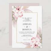 Boho Pink Floral mit Goldrahmen Hochzeit Einladung (Vorne/Hinten)