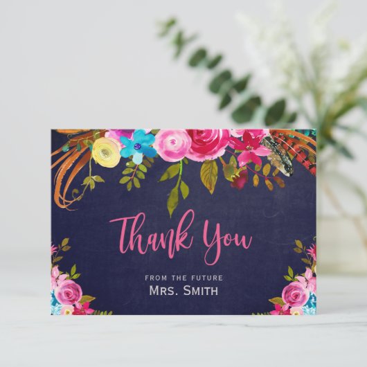 Boho Pink Floral Navy Brautparty Danke Karte (Stehend Vorderseite)