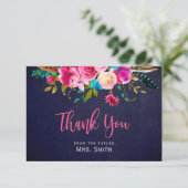 Boho Pink Floral Navy Brautparty Danke Karte (Stehend Vorderseite)
