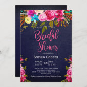 Boho Pink Floral Navy Brautparty Einladung (Vorne/Hinten)