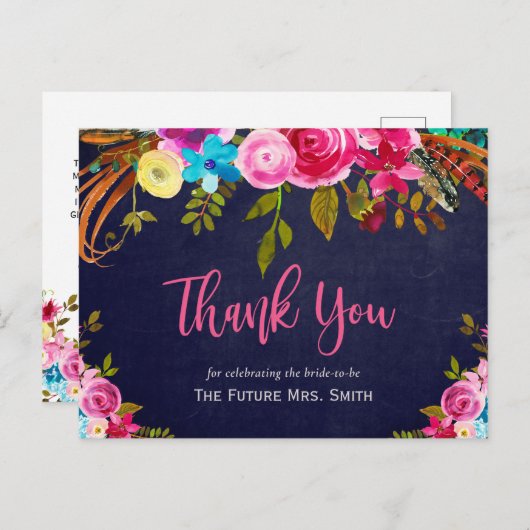 Boho Pink Floral Navy Brautparty Vielen Dank Postkarte (Vorne/Hinten)