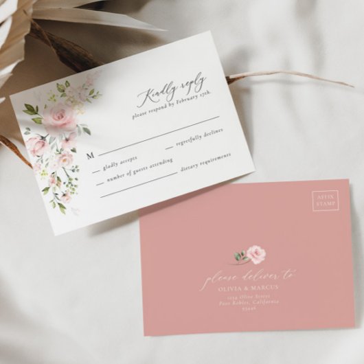 Boho Pink Floral Olive Elegante Wedding RSVP Card