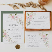 Boho Pink Floral Olive Elegante Wedding RSVP Card