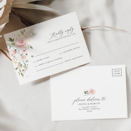 Boho Pink Floral Olive Elegante Wedding RSVP Card Karte