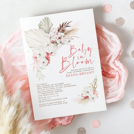 Boho Pink Floral Pampas Grass Baby Dusche Invitati Einladung