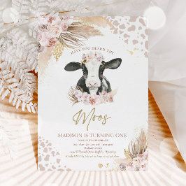Boho Pink Floral Pampas Grass Cow Geburtstagsparty Einladung