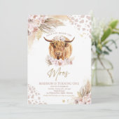Boho Pink Floral Pampas Grass Highland Cow Party Einladung (Stehend Vorderseite)