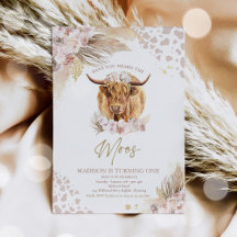 Boho Pink Floral Pampas Grass Highland Cow Party