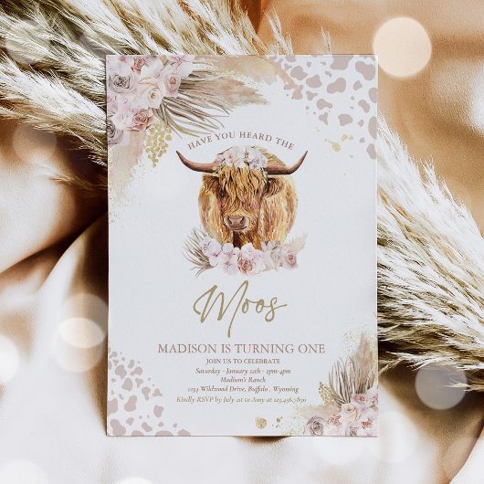 Boho Pink Floral Pampas Grass Highland Cow Party Einladung