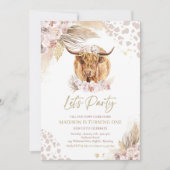 Boho Pink Floral Pampas Grass Highland Cow Party Einladung (Vorderseite)