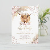 Boho Pink Floral Pampas Grass Highland Cow Party Einladung (Stehend Vorderseite)