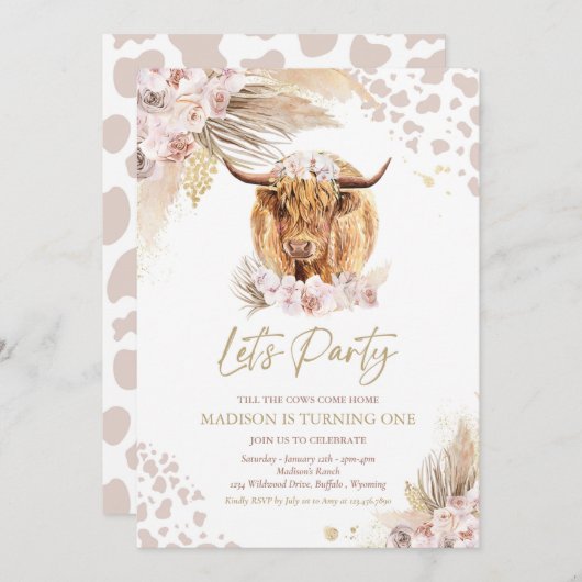 Boho Pink Floral Pampas Grass Highland Cow Party Einladung (Vorne/Hinten)