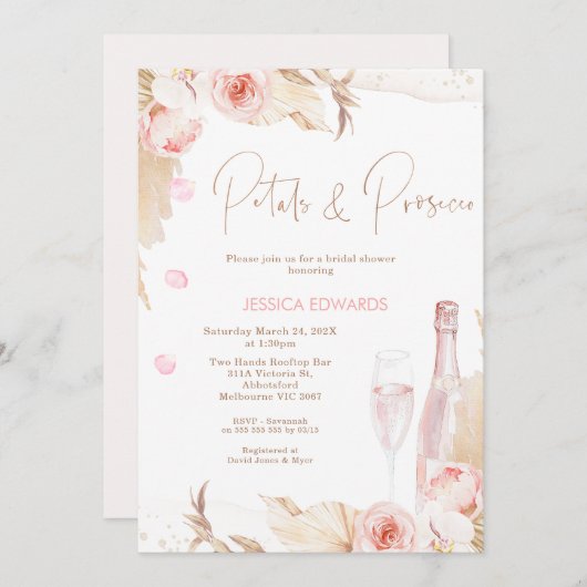 Boho Pink Floral Petals Prosecco Brautparty Einladung (Vorne/Hinten)