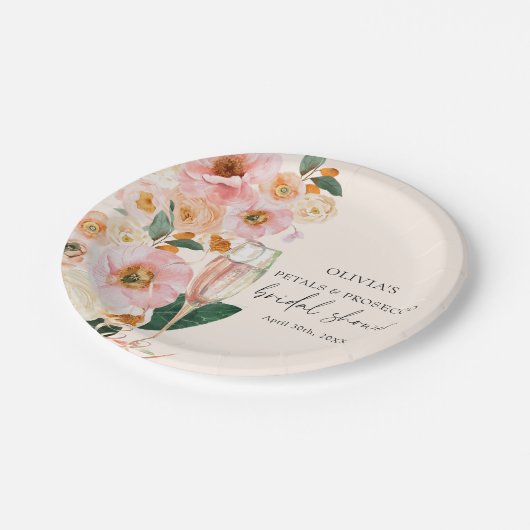 Boho Pink Floral Petals & Prosecco Bridal Dusche Pappteller (Schrägansicht)