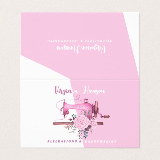 Boho Pink Floral Seamstress Nähmaschine geklappt Visitenkarten (Außenseite Aufgefaltet)