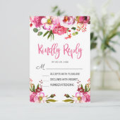 Boho Pink Floral Typografy Wedding RSVP Karte (Stehend Vorderseite)