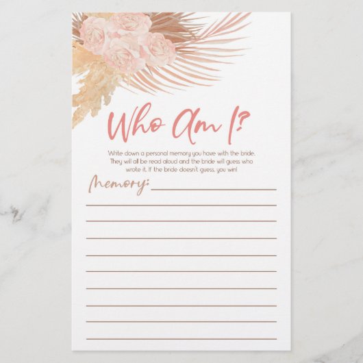 Boho Pink Floral Who Am I Bridal Shower Game Briefpapier (Vorderseite)