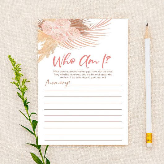 Boho Pink Floral Who Am I Bridal Shower Game Briefpapier
