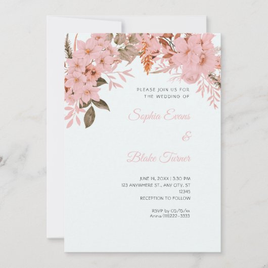 Boho Pink Floral Winter Light Blue Wedding Einladung (Vorderseite)