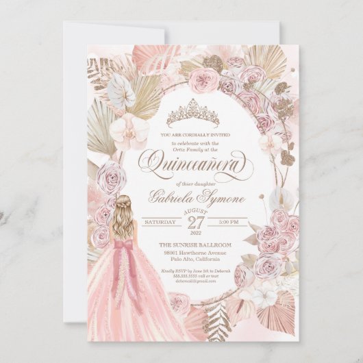 Boho Pink getrocknete Rose der Blüte Quinceanera G Einladung (Vorderseite)