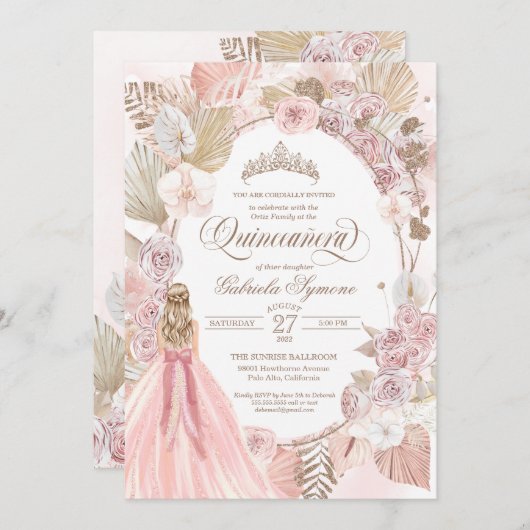 Boho Pink getrocknete Rose der Blüte Quinceanera G Einladung (Vorne/Hinten)