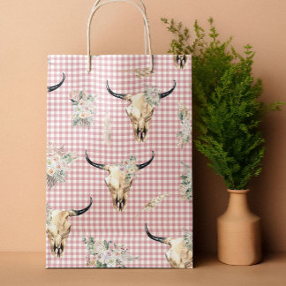 Boho Pink Gingham Cow Skull Floral Große Geschenktüte