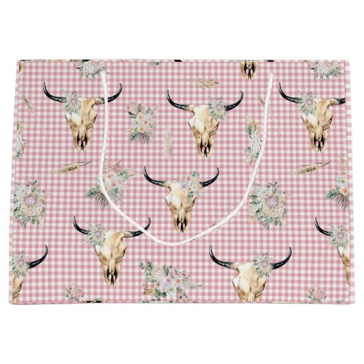 Boho Pink Gingham Cow Skull Floral Große Geschenktüte (Vorderseite)