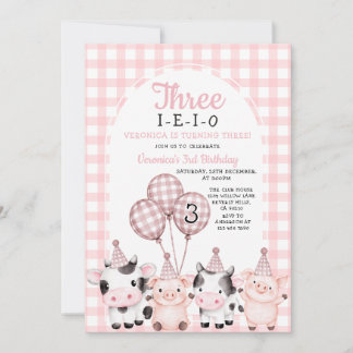 Boho Pink Girl Three-I-E-I-O Birthday farm animal  Einladung