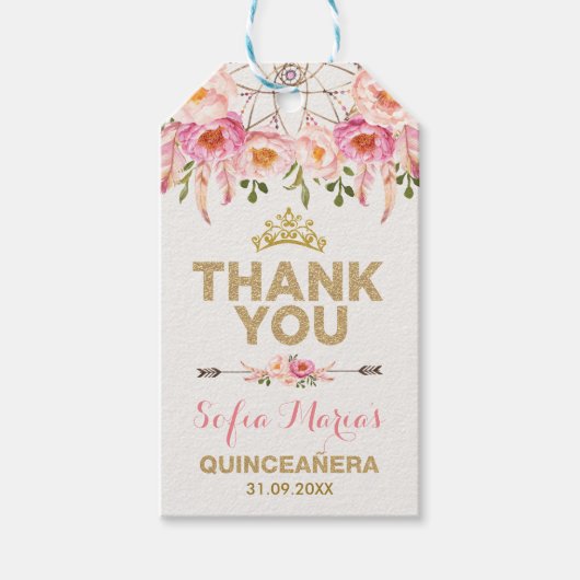 Boho Pink Gold Blume Quinceanera Favoriten Geschenkanhänger (Vorderseite)