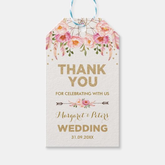 Boho Pink Gold Floral Dreamcatcher-Gastgeschenke H Geschenkanhänger (Vorderseite)