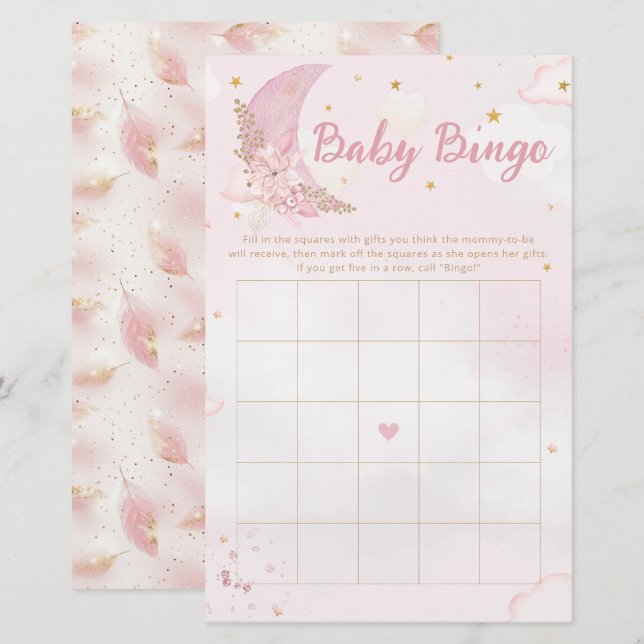 Boho Pink & Gold Moon Baby Dusche Bingo Spiel (Vorne/Hinten)